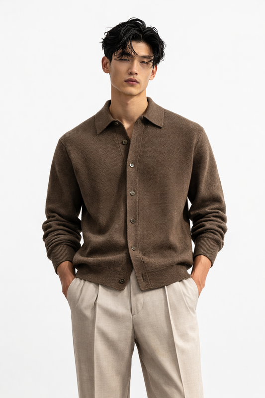 BRUSSELS CARDIGAN — Relaxed Knit Cardigan with Point Collar