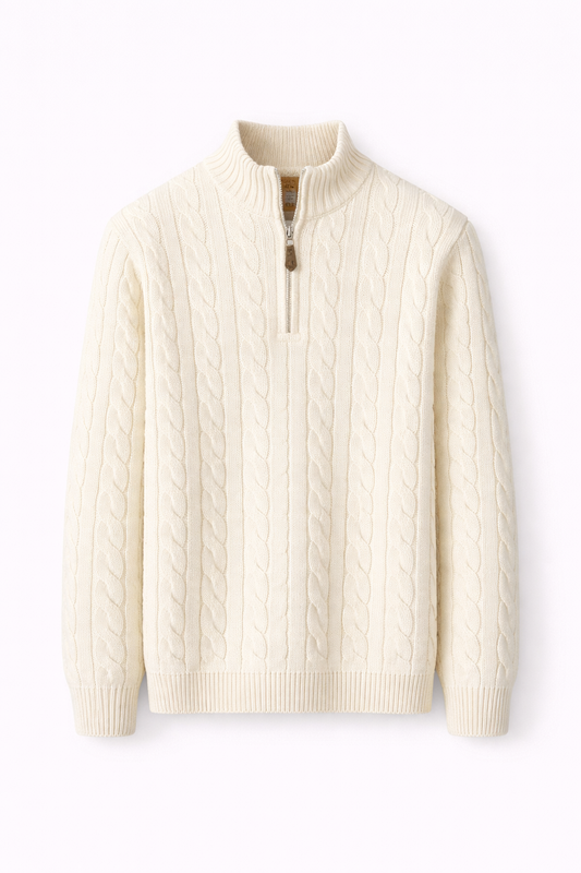 Mercerized Cotton Half-Zip Cable Knit Sweater