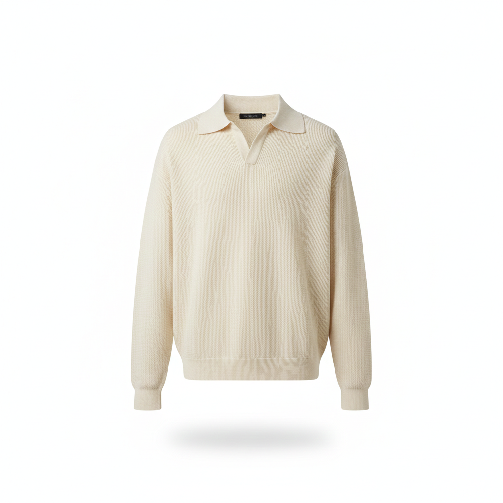 ROME POLO KNIT — Textured V-Neck Pullover with Polo Collar