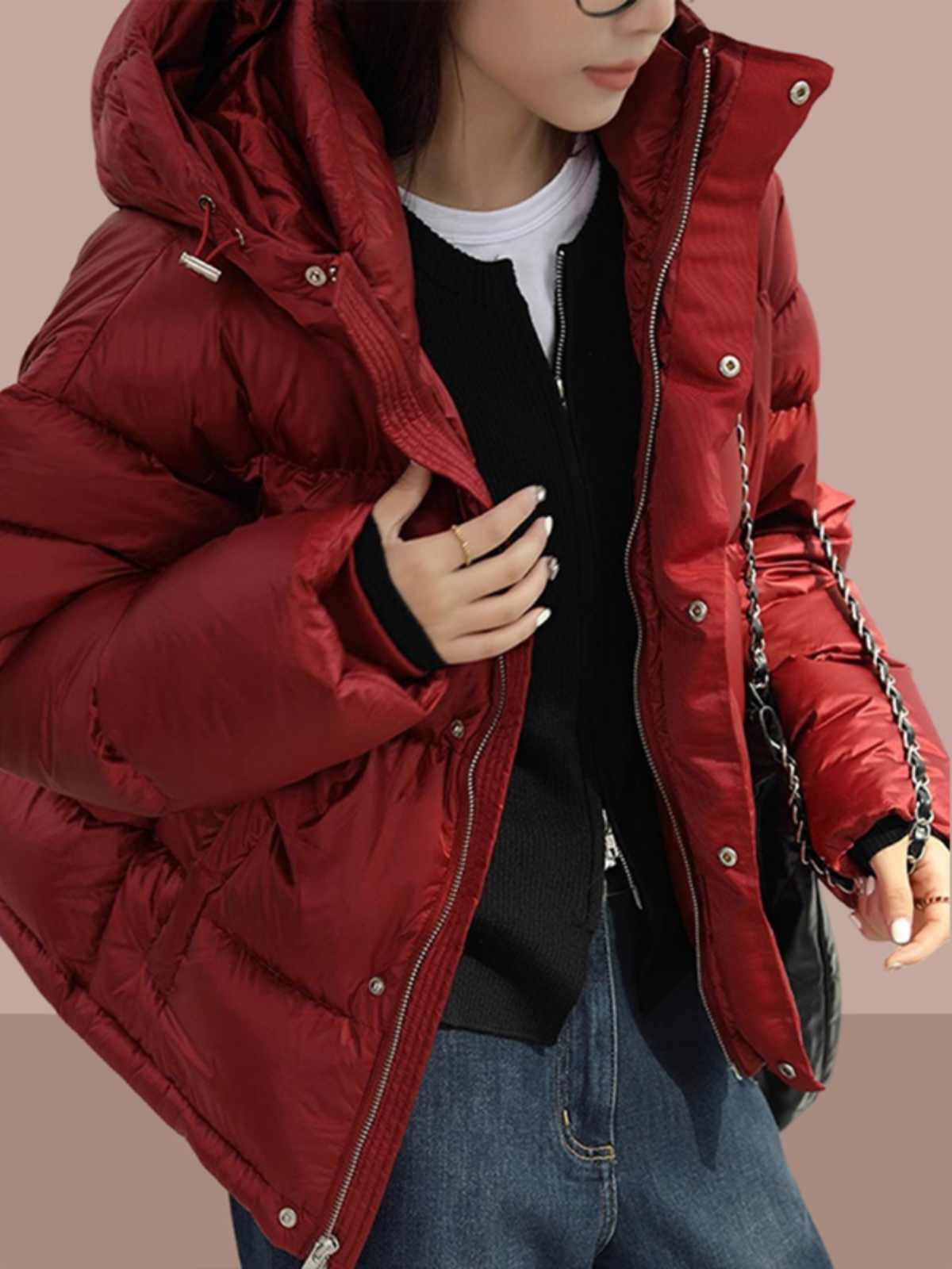 BOSTON PUFFER — Oversized Hooded Down Jacket with Snap Details