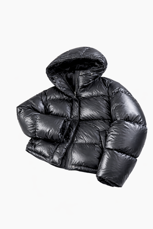 BOSTON PUFFER — Oversized Hooded Down Jacket with Snap Details