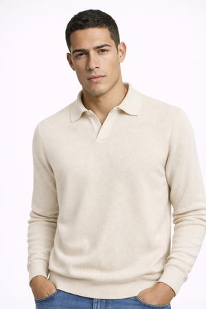 ROME POLO KNIT — Textured V-Neck Pullover with Polo Collar