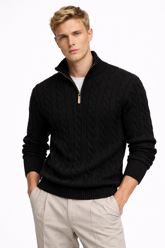 Mercerized Cotton Half-Zip Cable Knit Sweater